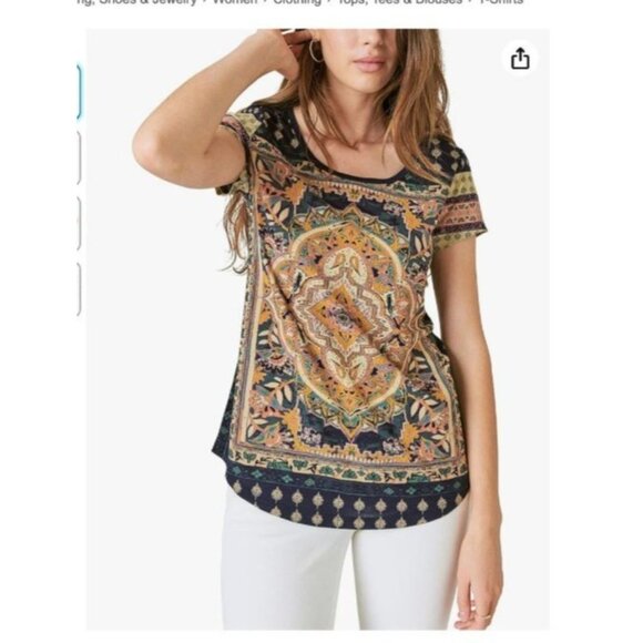 Lucky Brand Womens Boho Print Short Sleeve Top Gold blue medallion size 1X plus - Picture 1 of 13